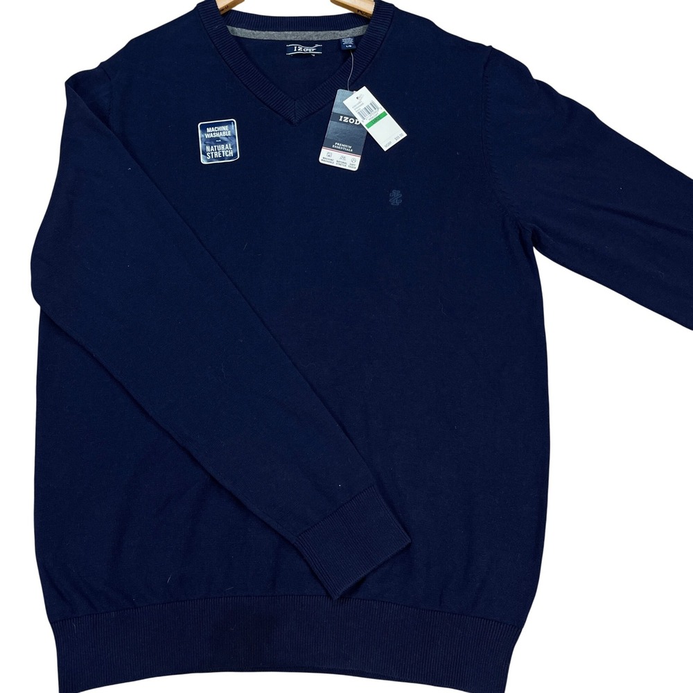 IZOD Pullover Mens Large Navy Blue‎ Peacoat V-Neck Sweater Natural Stretch  NEW
